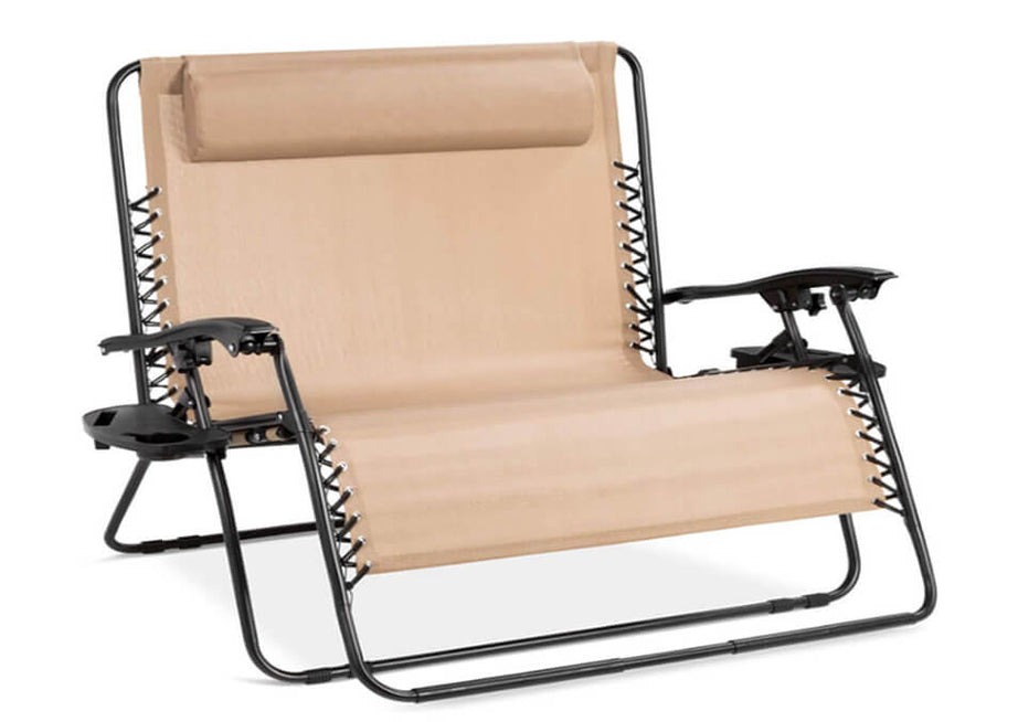 Oversized Double Zero Gravity Chair with Cup Holders - 2 Person Folding Mesh Recliner, Tan